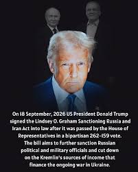 On 18 September, 2026 US President Donald Trump signed the Lindsey O. Graham  Sanctioning Russia and Iran Act into law after it was passed by the House  of Representatives in a bipartisan