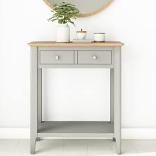 Sofa tables are a great way to utilize space in a living room. Narrow Grey Painted Oak Console Table With Drawers Adeline Furniture123