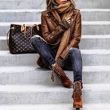 Brown Leather Jacket Skinny Jeans Winter Scarf And Louis Vuitton Bag For Stylish Outfit Fashion Leatherjacket Skinn Fashion Casual Fashion Autumn Fashion