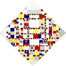 The image is tagged abstract art. Victory Boogie Woogie 1944 By Piet Mondrian