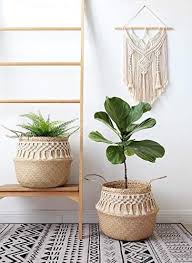 Mkono Seagrass Plant Basket Indoor Planter Decorative Flower Pot Cover Up To 12 Inch Pot With Macrame Wrap Decorated Flower Pots Plant Pot Covers Plant Basket