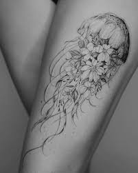 Black And White Ocean Sleeve Tattoo Designs Jellyfish Flowers Jellyfish Tattoo Ocean Sleeve Tattoos Tattoos