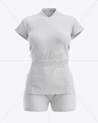 Women S Volleyball Kit With V Neck Jersey Mockup Front View In Apparel Mockups On Yellow Images Object Mockups Clothing Mockup Volleyball Kit Mockup Free Psd