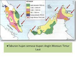 Taburan hari hujan dan keamatan hujan di kawasan banjaran titiwangsa dengan nilai maksima diperhatikan di sebelah barat dan minima di sebelah timur. Kedudukan Angin Monsun Ketinggian Kepulauan