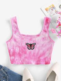 50 Off 2020 Zaful Tie Dye Butterfly Embroidered Y2k Crop Top In Light Pink Zaful