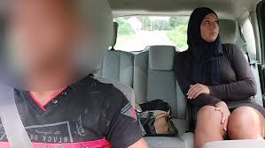 Married Muslim woman in hijab masturbates in the back seat and gets fucked  in public