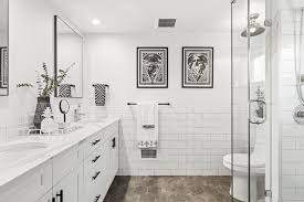 Greige is the new gray. Geometric Patterns Energize A Black And White Bathroom