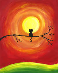 Sunset Kitty Cat Silhouette Sunset Art Print Sunset Art Canvas Art Painting Oil Pastel Art
