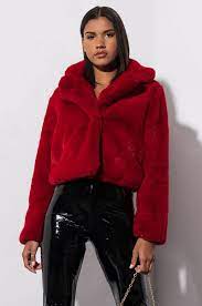 80 Akira Labe Faux Fur Cropped Jacket In Red Beige Red Faux Fur Jacket Faux Fur Cropped Jacket Cropped Faux Leather Jacket