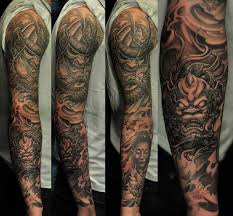 Black And Gray Japanese Tattoo Sleeve Full Sleeve Black And Grey Hannya Mask And Foo Dog Tattoo Full Sleeve Tattoos Foo Dog Tattoo Sleeve Tattoos