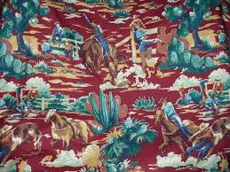 6 Yds Vintage Western Cowboy Bark Cloth Fabric 1960 S Vintage Western Barkcloth Western Cowboy