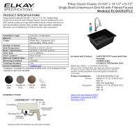 SPECIFICATIONS Elkay Quartz Classic 24-5/8" x 18-1/2" x 9-1 ...