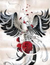 A feminine detail that looks amazing combined with any outfit. King Black And White Spread Winged Phoenix And Dark Red Rose Bud Tattoo Design Tattooimages Biz