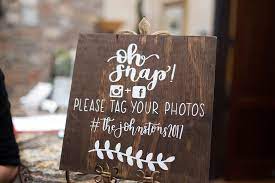 Wooden Social Media Sign For Wedding Hashtags Written In White Calligraphy Ashley Blake Photography Villasien Wedding Signs Wedding Hashtag Wedding Details