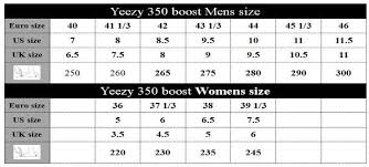 Adidas Yeezy Boost 350 Size Chart