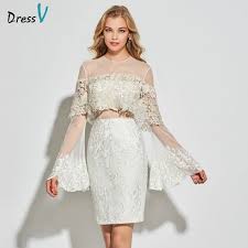 Dressv White Tulle Cocktail Dress Scoop Neck Long Sleeves Elegant Knee Length Wedding Party Form Cocktail Dress Lace Short Cocktail Dress Shop Cocktail Dresses