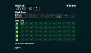 Nov 03, 2016 · the riddler has scattered hundreds of riddler trophies and challenges all over gotham in the form of his well known riddler trophies, as well as riddles, breakable objects, and new bomb rioters. 440 Riddler Trophies Later Batman Arkham City Gaming