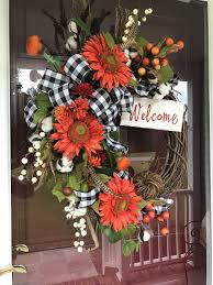 Black And White Checkered Fall Decor Fall Wreath Orange Sunflowers Black White Buffalo Check Ribbon Diy Fall Wreath Fall Grapevine Wreaths Fall Thanksgiving Wreaths