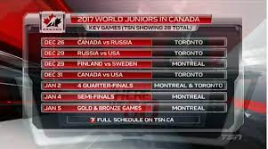 The full slate of games from the exhibition round to the gold medal game, listed by date and by team. Tsn And Hockey Canada Unveil The Broadcast Schedule For The 2017 Iihf World Junior Championship In Toronto And Montreal Bell Media