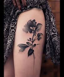 Watercolor Black And White Floral Tattoo On Girl Thigh Flower Thigh Tattoos Tattoos Beautiful Flower Tattoos