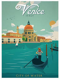 Vintage Venice City Of Water Italy Travel Art Poster Giclee Print Gondola Canal Venice Travel Retro Travel Poster Vintage Travel Posters