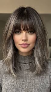 Effortless medium length gray for Textured Lob with Curtain Bangs 💄