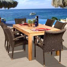 Amazonia Teak Brussels 6 Person Resin Wicker Patio Dining Set With Stacking Chairs Bbqguys Wicker Dining Set Teak Patio Furniture Beautiful Outdoor Furniture