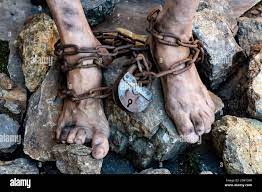 The slave's dirty feet are entangled in a rusty chain with a large lock.  Slave labor concept Stock Photo - Alamy