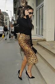 Victoria Beckham Wearing Black Top And Leopard Print Silk Skirt Celebrity Street Style Fashion Looks Victoria Beckham Style
