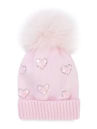 Catya Kids Heart Embellished Knitted Hat Pink Girls Knit Hat Knitted Hats Girls Winter Hats