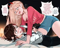 2girls assertive assertive female blush breasts chainsaw man  crying english text hi res higashiyama kobeni knife lebanon lying power  (chainsaw man) snegovski sweat text bubble yuri 