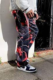 Red Lightning Bolt Print Jeans Streetwear Fashion Streetwear Outfit Streetwear Men Outfits