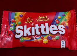 Skittles consist of hard sugar shells imprinted with the letter 's'. Skittles 38 G