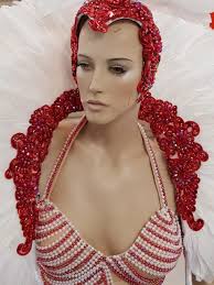 White Red Sequin Feather Headdress And Collar Set