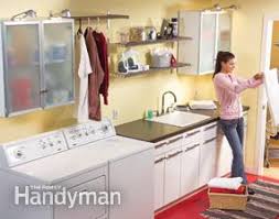 Look at the picture and decide whether the sentences are true. Convert An Unfinished Laundry Area Into A Laundry Room Diy