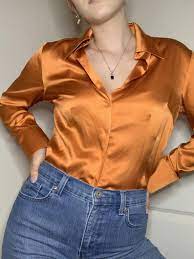Featuring celebrities in satin and silk at events, awards and in photoshoots. Orange Silk Talbots Button Down Etsy Silk Shirt Outfit Aesthetic Clothes Satin Blouses