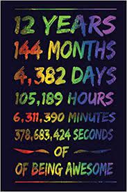 See full list on calculateme.com Amazon Com 12 Years 144 Months 4 382 Days 105 189 Hours 6 311 390 Minutes 378 683 424 Seconds Of Of Being Awesome The Awesome Birthday Notebook For 12 Year Old Pages Notebook For Writing Daily Routine J 9781692754051 Journal Co Birthday Books