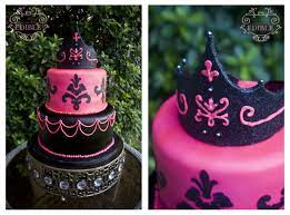 Damask Hot Pink And Black Baby Shower Cake Black Glitter On The Tiara Baby Shower Cakes Shower Cakes Baby Shower Food