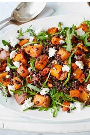 This Hearty Salad Is Packed With Roasted Sweet Potatoes Carrots And Red Onion Which Pair Wonderfully With Puy Lentils And Cr Food Recipes Sweet Potato Lentil