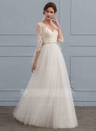 Us 193 00 A Line V Neck Floor Length Tulle Wedding Dress With Beading Jj S House Tulle Wedding Dress Wedding Dresses Wedding Dress Sleeves