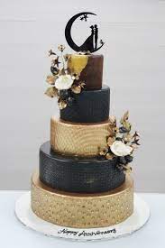Just Finishing Up This Five Tier Anniversary Cake Absolutely Love This Design And The Combinatio Gold Anniversary Cake Lace Wedding Cake Black And Gold Cake