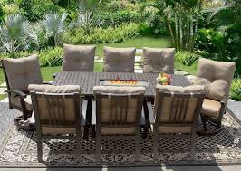 Check out dining sets based on seating capacity and the area of your patio. Barbados Cushion 42x84 Rectangle Outdoor Patio 9pc Dining Set For 8 Person With Rectangle Fire Table Series 7000 Atlas Antique Bronze Finish Zenpatio