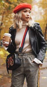 What To Wear With A Biker Jacket Red Hat Top Embroidered Bag Pants Fashion How To Wear Winter Fashion
