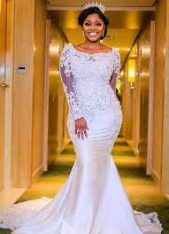 Charming Mermaid Long Sleeves Satin Scoop Wedding Dresses 2020 Nigerian Wedding Dress Wedding Dresses Beaded Scoop Wedding Dress