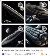 Could somebody help me with this? My prompt is "A futuristic alien starship that looks like a very long and flattened cylinder. Add a small human spaceship moving towards the alien ship.