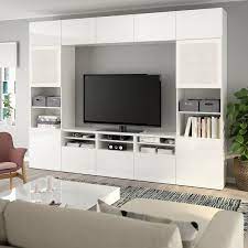 Tv секция със стъклени врати. Besta Tv Storage Combination Glass Doors White Selsviken High Gloss White Frosted Glass Ikea