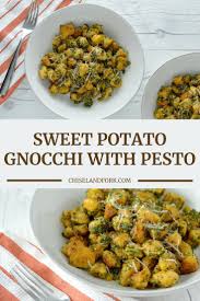 This Sweet Potato Gnocchi With Pesto Combines Light And Pillowy Gnocchi With A Sage Pumpkin Seed Sweet Potato Gnocchi Sweet Potato Recipes Healthy Pesto Recipe