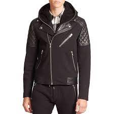 The Kooples Sport Mixed Media Hooded Moto Jacket 815 Liked On Polyvore Featuring Men S Fashio Mens Leather Jacket Biker Mens Fashion Fall Fall Outfits Men