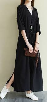 Beautiful Black Cotton Clothes For Women 2019 Pattern V Neck Pockets A Line Shirt Dresses Women Long Sleeve Dress Clothes For Women Dress Shirts For Women