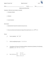 Jan 31 feb 3 ixl: Algebra Ii Practice Test Radical Functions Unit 5